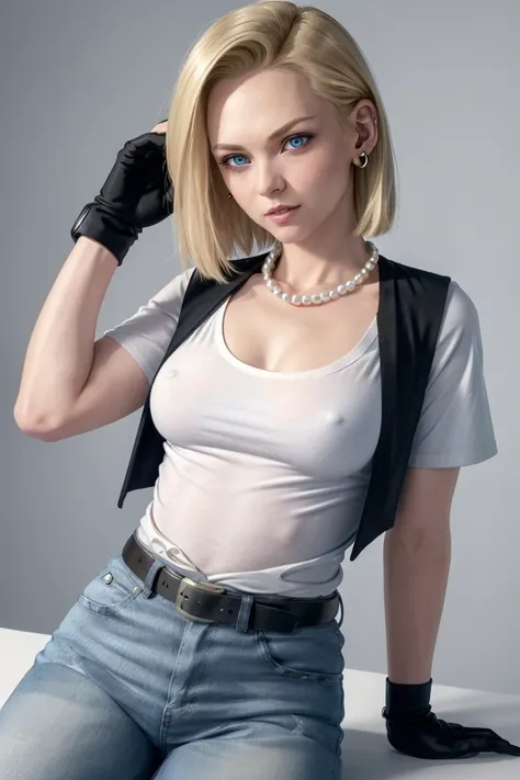 <lora:android_18_v110:0.7> android_18,  blonde hair, blue eyes, belt, jeans, pearl_necklace, bracelet, black gloves, white shirt, short hair, short sleeves, earrings, blue jeans, open vest, black vest, (ultra realistic, 8k,high quality), above the waist ph...