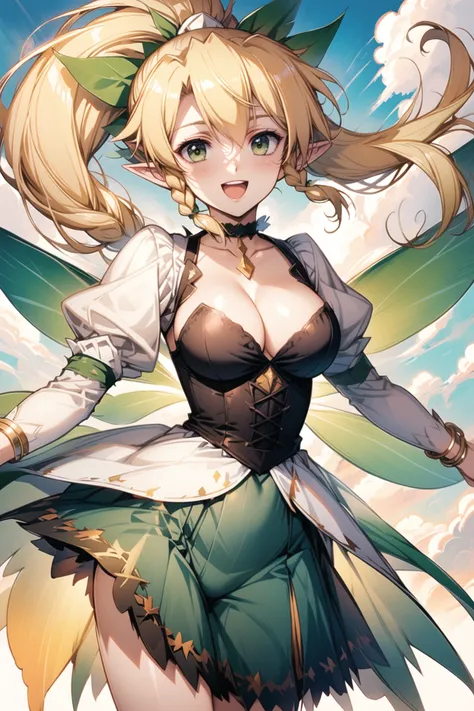 leafa,long hair,1girl,solo,breasts,blonde hair,cleavage,green eyes,wings,pointy ears,open mouth,fairy wings,teeth,smile,upper teeth only,very long hair,:d,hair ornament,sky,braid,twin braids,cloud,fairy,bangs,spread wings,cloudy sky,collarbone,flying,ponyt...