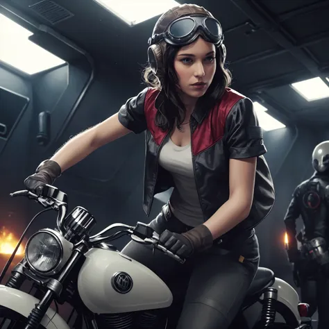 best quality, <lora:Aphra_Merged:0.85>, (sci-fi:1.10), aphra riding on a motor vehicle, solo, jacket, goggles over headwear, brown helmet, black hair, short sleeves