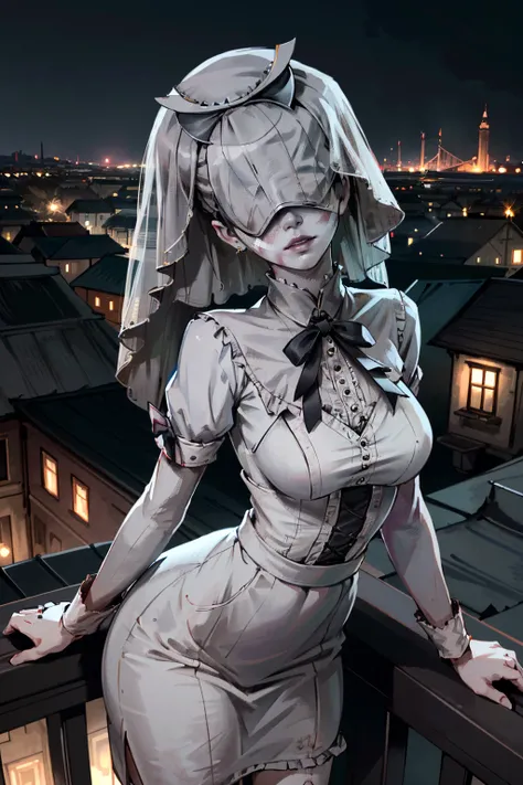 ((ultra detailed, masterpiece, absurdres))
 <lora:BGNNurse:0.8>
BGNNurse,1girl,grey skin, covered eyes, pale skin, bruises, veil,  overlooking the city from a rooftop bar at night, chic outfit, standing