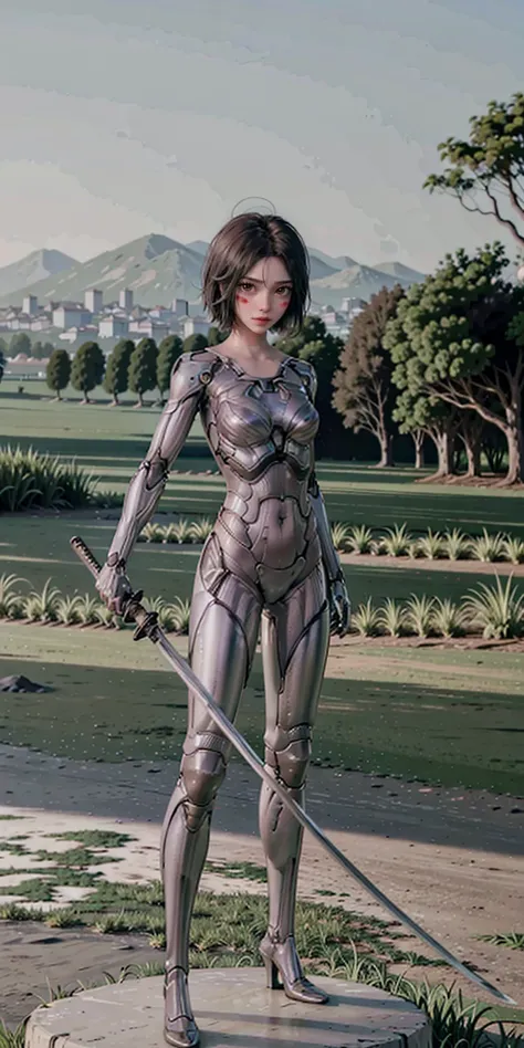 katana, holding katana, cyborg, 1girl, solo, high-heels, full body, stand,  masterpiece, best quality,8k,  (((In a tranquil countryside town)))