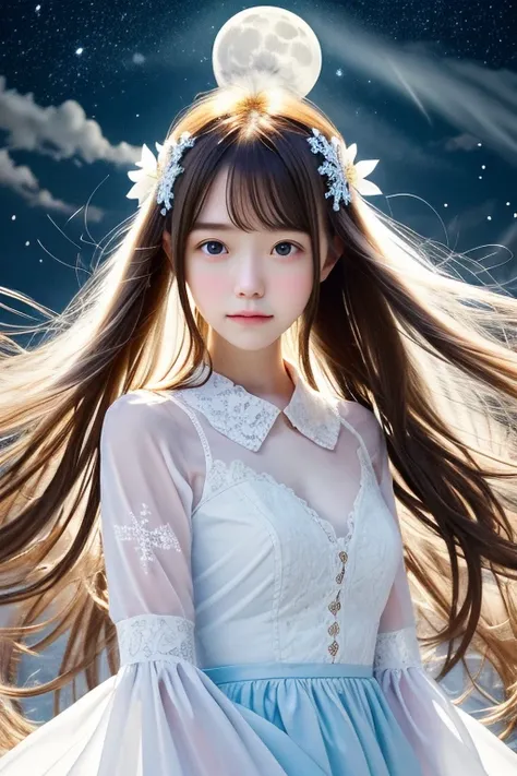 {masterpiece},extremely detailed 8K wallpaper,highres,focus on character,1girl,{{upper body}},hair flower,highly detailed long white hair,floating hair,halo,light blue eyes,{{delicate face}},cute,detailed starry sky,snowflakes,full moon,moonlight,floating ...