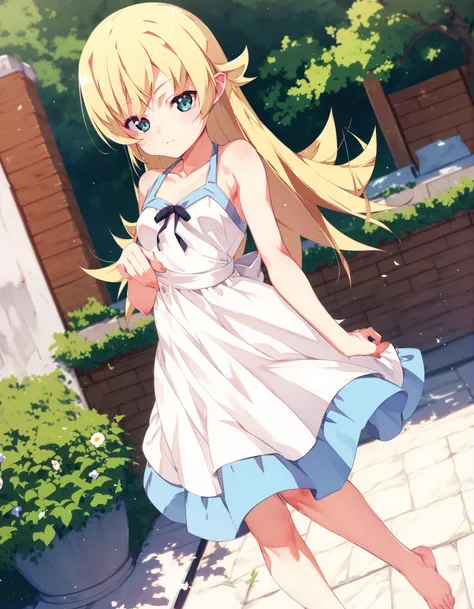 score_9, score_8_up,score_7_up,score_6_up, rating_safe, 1girl, outdoors, sundress, oshino shinobu, blonde hair, sundress, barefoot
<lora:tanabae_kyou_style_pony6_v1-000014:1>, dutch angle,