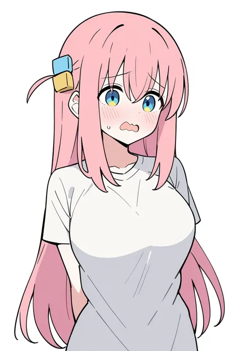 1girl, solo, gotoh hitori, bocchi the rock!, lineart, flat color, 
long hair, pink hair, blue eyes, large breasts, white shirt, t-shirt, open mouth, wavy mouth, arms behind back,
white background,
masterpiece, best quality, very aesthetic, absurdres,