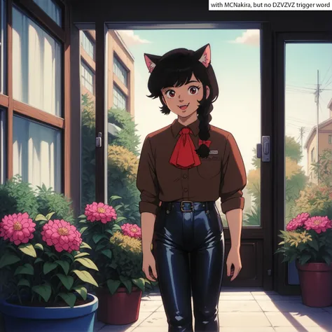 score_9, score_8_up, score_7_up, score_6_up, source_anime, solo, 1girl, (MCNakira:0.5), catgirl, red eyes, happy, braid, black hair sukajan, brown shirt, leather chaps, ascot, greenhouse, window, garden, blooming flowers, fragrant