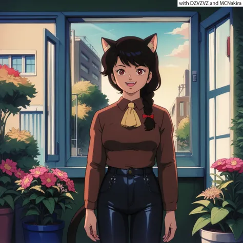 DZVZVZ, score_9, score_8_up, score_7_up, score_6_up, source_anime, cowboy shot, solo, 1girl, catgirl, red eyes, happy, single braid, black hair, sukajan, brown shirt, (leather pants:1.2), ascot, greenhouse, window, garden, blooming flowers, fragrant, mediu...