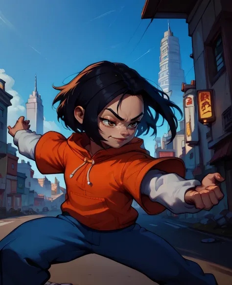 score_9,score_8_up,score_7_up,score_6_up,smug,
jadejca,short black hair,brown eyes,fighting stance,
orange short sleeved hoodie,white sleeves,hood down,blue pants,
Hong Kong,morning,cityscape,
<lora:JadeJCA:1>,