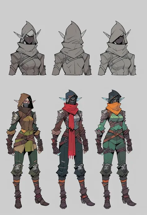 score_8_up, score_7_up, concept art of elf assassin girl, mask, scarf, pointy ears, leather pauldrons, multiple belts, laces, simple background, hood up, <lora:sxz-wayfinder-pdxl:0.8> wf style