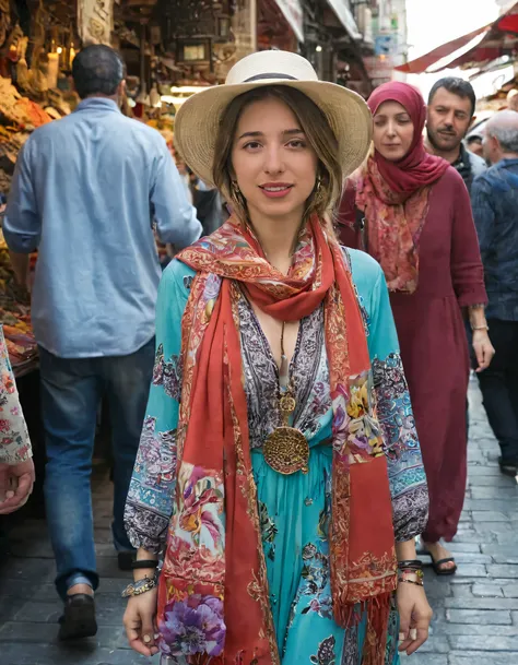 Alicia, adorned in her Istanbulian ensemble, strolled through the bustling Alicia of Istanbuls Grand Bazaar during a morning market scene where vendors first unlock their shops to greet the day with vibrant hues and scents; wearing a fusion outfit that ble...