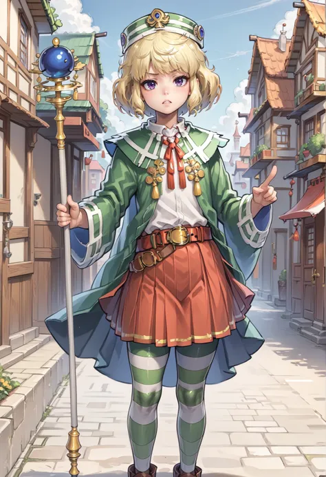 1girl, solo, skirt, blonde hair, purple eyes, red skirt, striped clothes, hat, short hair, brown footwear, pleated skirt, pantyhose, long sleeves, shoes, belt, white shirt, shirt, thighhighs, striped thighhighs, green cloak, wide sleeves, pointing t viewer...