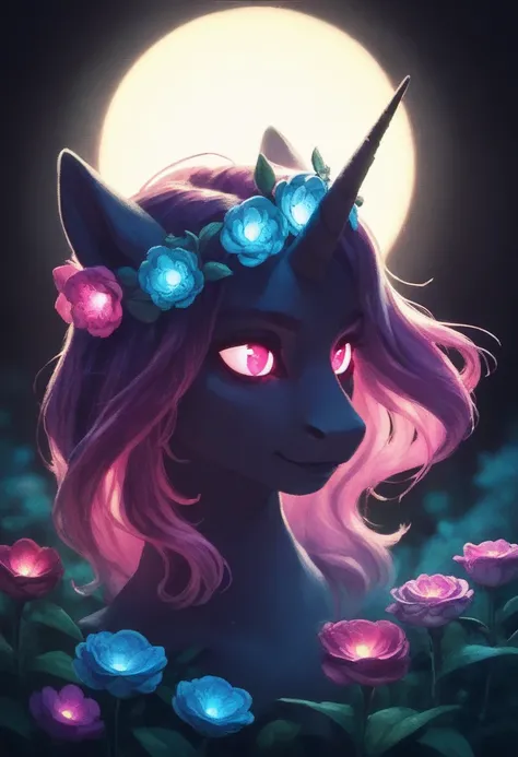 score_9,score_8_up,score_7_up,score_6_up,score_5_up,score_4_up,magical mystical glowing iridescent unicorn,flower crown,moonlight gardens,dark shadows,glowing in the dark,bright colors,high contrast,dark background,vivid lighting,night garden,