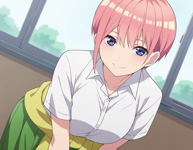 score_9, score_8_up, score_7_up, source_anime,
ichikanakano, <lora:ichika-nakano-s2-ponyxl-lora-nochekaiser:1>, 
ichika nakano, short hair, bangs, blue eyes, hair between eyes, pink hair, pixie cut, smile, mature female,
skirt, shirt, school uniform, white...