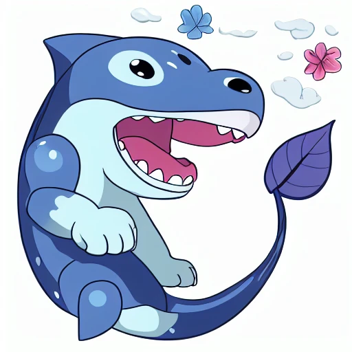 pink flower, teeth, sharp teeth, orcane, blue theme, tongue, leaf, white background, sky, closed mouth