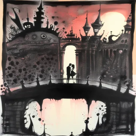 corcoc3s  lovers on the bridge at sunset, black ink <lora:corcoc3s:1>