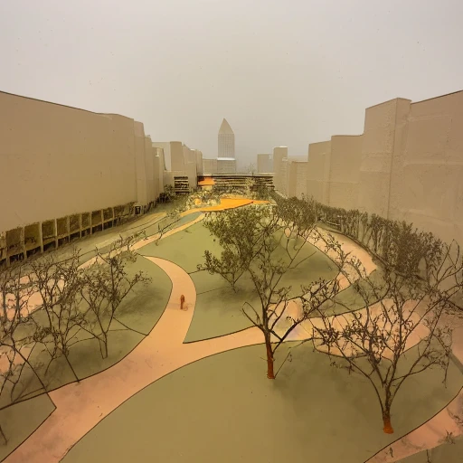 boulevard, Trees, orange playground, green grass, front of a building, high view