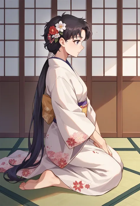 score_9, score_8_up, source_anime, 1girl, solo, SailorStarFighter, black hair, long hair, low ponytail, indoors, kimono, hair flower, floral print, wariza, kneeling, <lora:ChamSailorStarFighterPonyXL-000006:1>