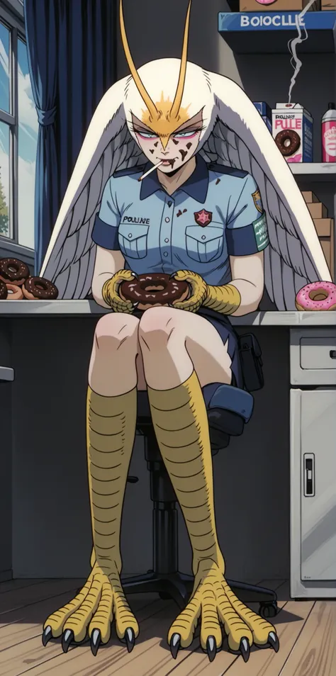 DZVZVZ, score_9, score_8_up, score_7_up, score_6_up, source_anime, solo, 1girl, (MCSirene:1.1), police uniform, sitting, (chocolate doughnut:1.1), food on face, smoking cigarette, armband, talons, (box of donuts:1.1), indoors, gas station convenience store...