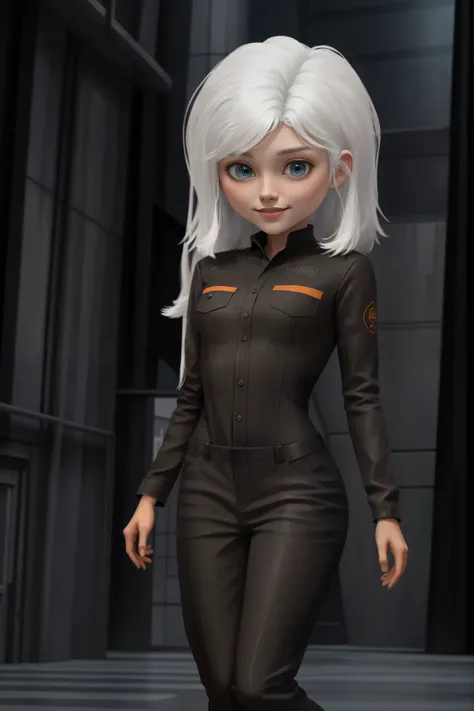 <lora:CHARACTER_Ginormica:0.5>, 1girl, ginormica, susan murphy, wearing black prisoner jumpsuit, snatched waist, long sleeves, (white hair, short hair, straight hair:1.3), (slightly smiling:0.8), medium breasts, standing, photography, symmetrical anatomy, ...