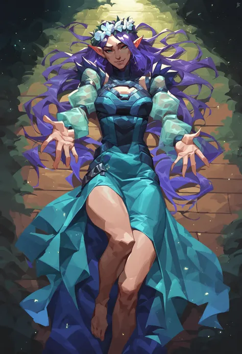 score_8_up, score_7_up, from above, beautiful elf queen lying on back, reaching towards viewer, smile, purple hair, ornate cyan dress with puffy sleeves, see-through sleeves, head wreath, particles, dark forest, night, fog <lora:sxz-valorant-smol-v2-pdxl:0...