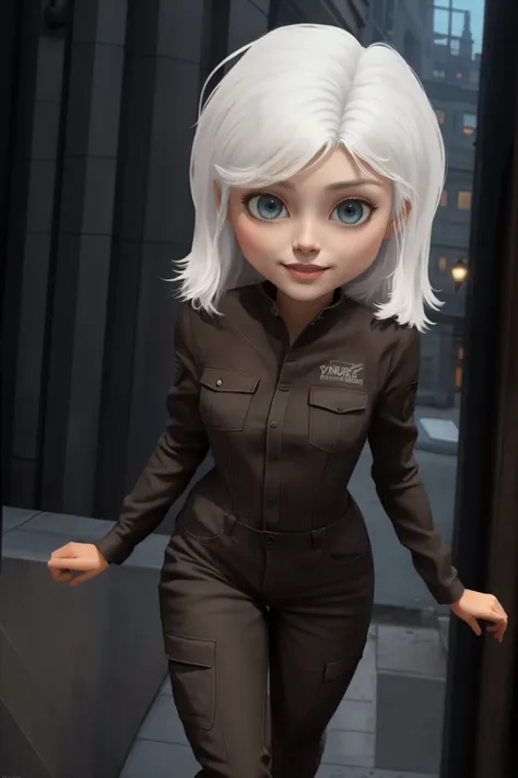 <lora:CHARACTER_Ginormica:0.5>, 1girl, ginormica, susan murphy, wearing black prisoner jumpsuit, snatched waist, long sleeves, (white hair, short hair, straight hair:1.3), (slightly smiling:0.8), medium breasts, standing, photography, symmetrical anatomy, ...