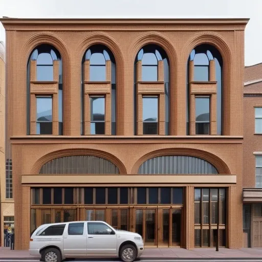 A modern building facade with curved brickwork, layered brick details, brick arches and rounded brick walls