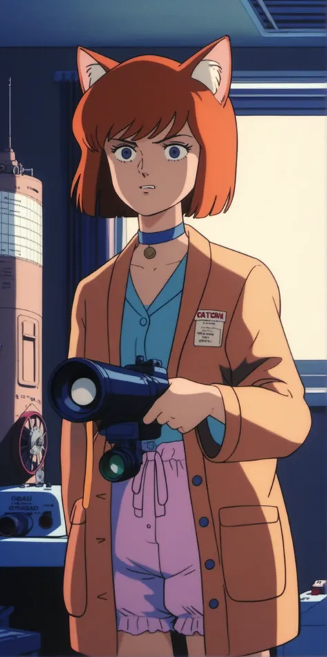 DZVZVZ, score_9, score_8_up, score_7_up, score_6_up, source_anime, solo, 1girl, catgirl, white eyes, nosebleed, bob cut, orange hair, cardigan vest, bloomers, choker, holding gun, cannon, indoors, observatory, telescopes, stargazing, astronomical