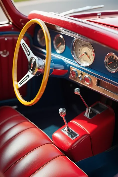 BRYO-XL interior view of classic vintage car dash console, seats
(photorealistic) (bokeh) (intricate details) (cinematic lighting) (sharp focus)