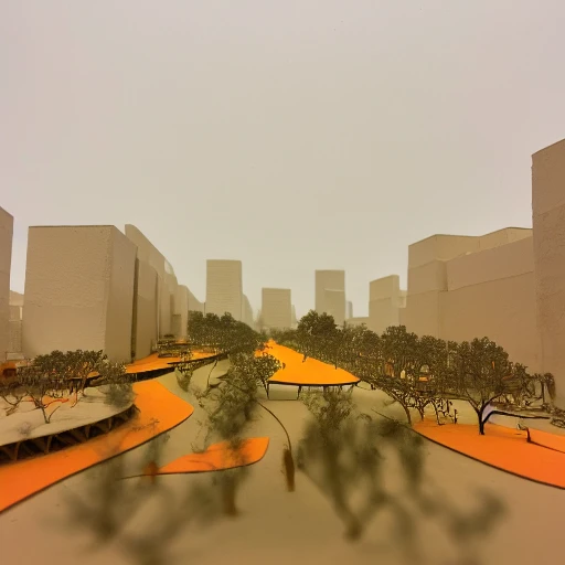 boulevard, trees, Trees, rooftops, greenery in the middle, orange playground