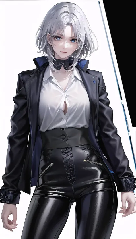 white hair,
white shirt,leather pants,blue long_coat, shiny clothes,
lady,mature female, cowboy shot,
(white background,simple background:1.18),
highres,official art,original,masterpiece,best quality,
(huge breasts:0.8),
 <lora:Tetra:0.8>