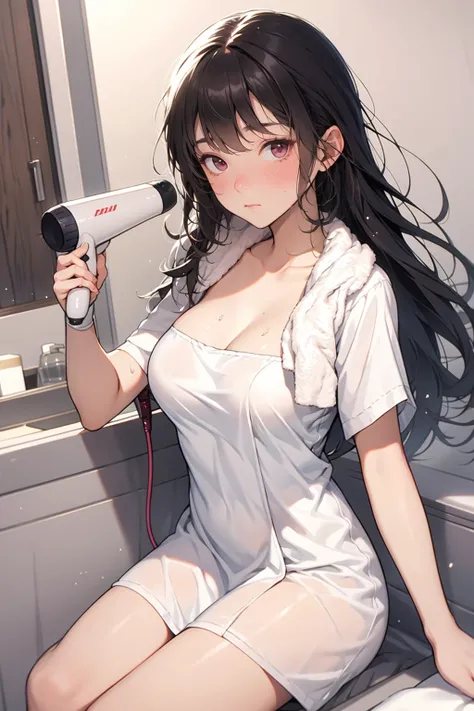 <lora:dryhair:1>,hair dryer,1girl,solo,long hair,drying hair,floating hair,breasts,towel,blush,looking at viewer,