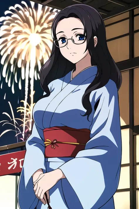 best quality,masterpiece,looking at viewer,1girl,absurdres,
depth of field,<lora:019-å¤©ä¸å¤©ä¸-èèçé±¼V2:0.7>,kuzunoha mana,black hair,glasses,long hair,large breasts,blue eyes,Kimono, fireworks, hairpins,aerial fireworks,festival,japanese clothes,...