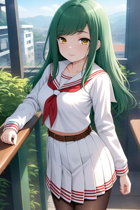 (masterpiece, best quality, very aesthetic, ultra detailed), intricate details, highly detailed background, perfect lightingbest quality, kokonoeshinobu, solo, outdoors, green hair, swept bangs, long hair, yellow eyes, medium breasts, white serafuku, white...