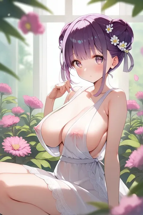 score_9, score_8_up, score_7_up, 1girl, solo, :>, blush, looking at viewer, purple hair, bangs, triple_bun, large breasts, covered nipples, light_brown silk, sheer, jewelry, window, Chrysanthemum_x_morifolium (flower), blooming flowers, plants, trees, blur...