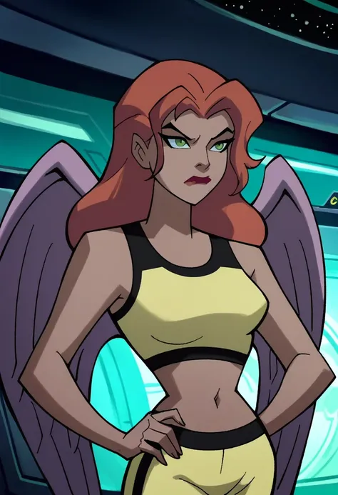 score_9, score_8_up, score_7_up, dcaustyle, 1girl, solo, upper body, shayera hol, feathered wings, green eyes, orange hair, parted bangs, yellow sports bra, yellow track pants, midriff, navel, space, space station interior, hands on hips, annoyed