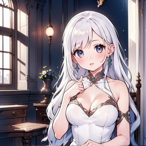 1girl, dress, thumbs up, jewelry, white dress, earrings, looking at viewer, sitting, white hair, indoors, realistic, lips, window, breasts, long hair, bare shoulders, collarbone, 1boy, solo, grey eyes