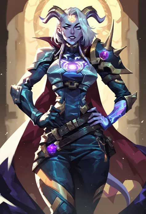 score_8_up, score_7_up, lightforged draenei girl, hands on hips, wide hips, naughty face, ornate silver armor, big shoulder pads with purple gems, belt, golden horns, glowing rune on forehead, cape, makeup, temple indoors, purple magic effects, aura <lora:...