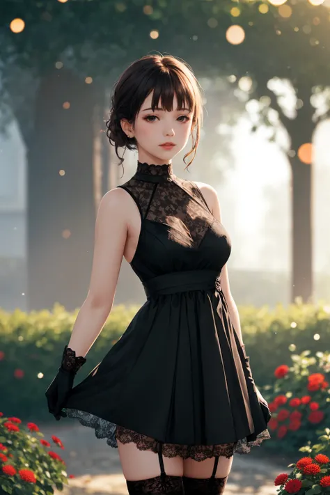 1girl, black lace sleeveless dress, black lace elbow gloves, black lace thighhighs, (blurry background, blurry foreground, depth of field, ambient lighting, volumetric lighting:1.3), outdoors, garden, fog, morning, sunlight, lens flare