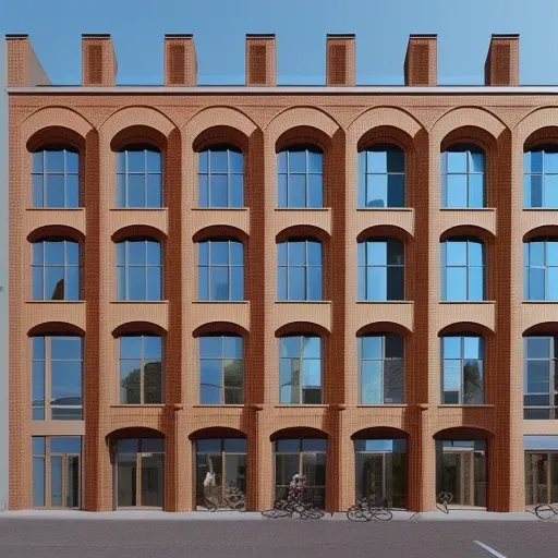 A modern building facade featuring intricate brickwork with decorative patterns and geometric complexity. A three-dimensional facade creating shadows and depth.  Expansive glass windows with decorative and detailed brick frames around them are also include...