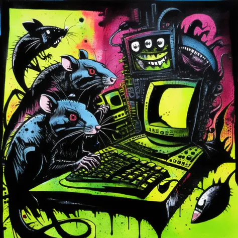 corcoc3s rats eating computer, psychedelic colors <lora:corcoc3s:1>