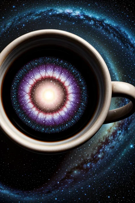 a galaxy in the cup, top view, realistic