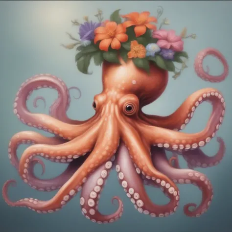 a painting of an octopus with flowers on its head