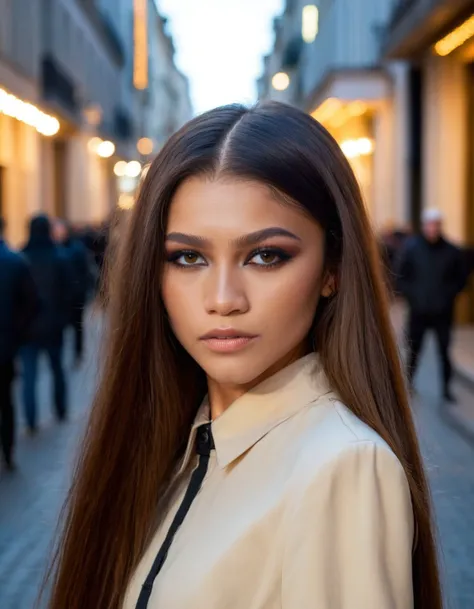 high resolution photo of znd woman,looking at camera,eye make-up,long straight hair,close-up,street background,volumetric lighting,cinematic,masterpiece