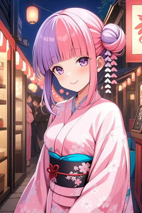 (masterpiece, best quality, very aesthetic, ultra detailed), intricate details, highly detailed background, perfect lightingbest quality, niigakihina, solo, outdoors, night, summer festival, purple hair, two-tone hair, split-color hair, pink hair, side bun...