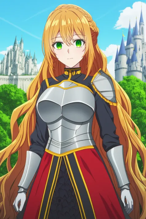 sysdeep_raeliana, 1girl, solo, long_hair, breasts, looking_at_viewer, blonde_hair, hair_between_eyes, closed_mouth, very_long_hair, medium_breasts, green_eyes, braid, frills, iron_armor, knight, castle, breastplate, outdoors, day