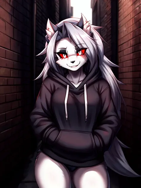 risuou, loona, hoodie, smile, alley, red sclera, white eyes