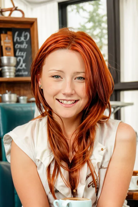 <lora:SPC:0.8>, full color portrait of a redheaded woman, having a coffe at a vintage cafe, smile, natural light, RAW photo, subject, 8k uhd, dslr, soft lighting, high quality, film grain, Fujifilm XT3