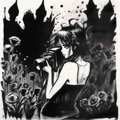 corcoc3s  girl photographer in a garden full of flowers, black ink <lora:corcoc3s:1>