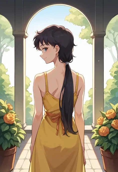 score_9, score_8_up, source_anime, 1girl, solo, SailorStarFighter, black hair, long hair, low ponytail, from behind, yellow sundress, garden, day, sunshine, smile, looking back, <lora:ChamSailorStarFighterPonyXL-000006:1>