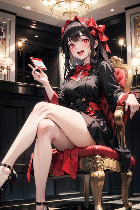 Black long straight hair, girl, dressed in black and red dresses, sitting on a chair made of pure gold and diamonds, with red pupils, laughing loudly, holding a black credit card in her hand, crossing her legs, wearing black high heels, President, with a r...