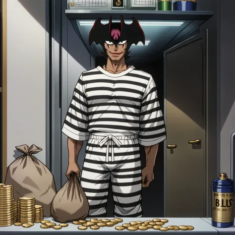 DZVZVZ, score_9, score_8_up, score_7_up, score_6_up, source_anime, 1boy, looking at viewer, MCDevil, thick stripes, (black stripes:1.3), white stripes, loose pants, prison clothes, (bank vault:1.2), gold coin, holding sack, burlap sack, bank